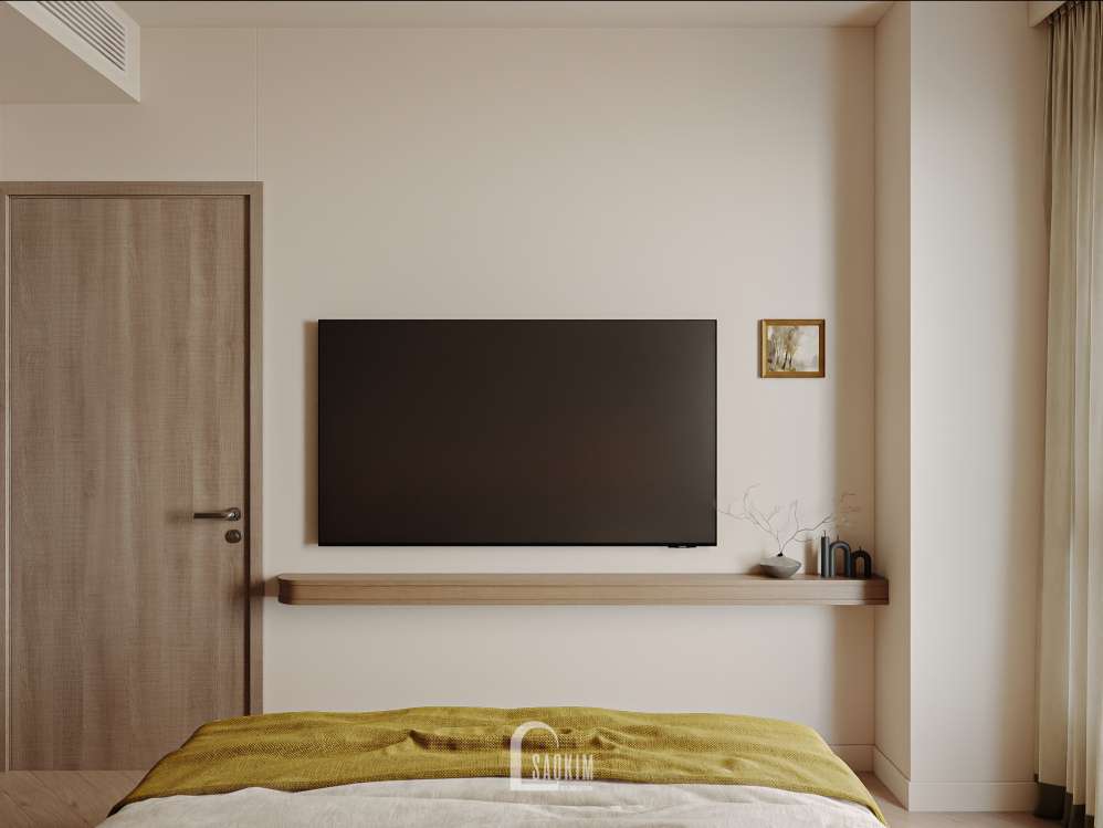 Phòng ngủ master Lumière Evergreen nổi bật với đường nét mềm mại trong thiết kế nội thất Modern Retro
